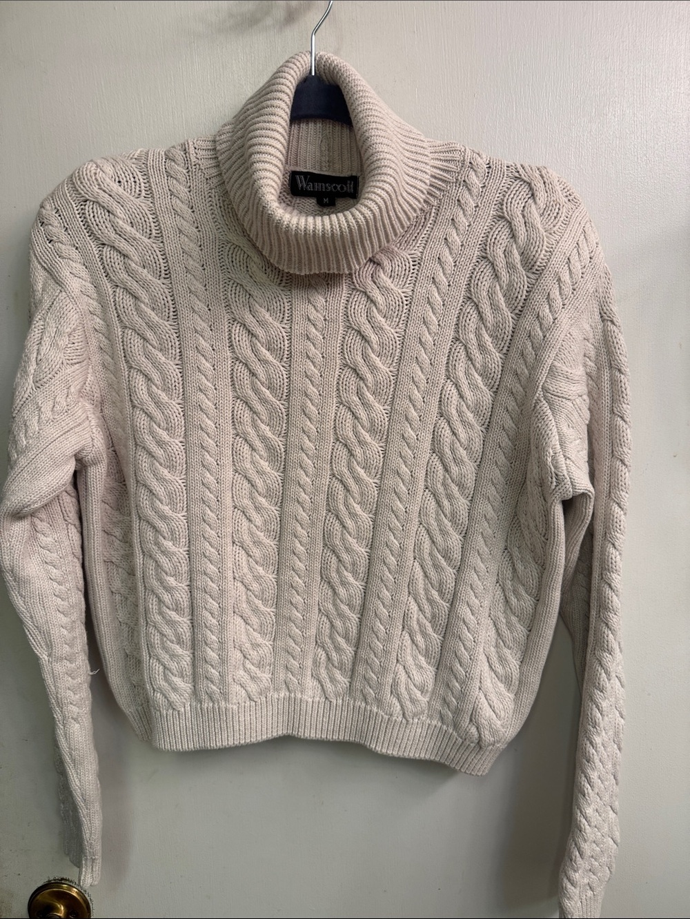 WainScott Cream chunky Cable Knit Cowl Turtleneck Sweater 100% cotton